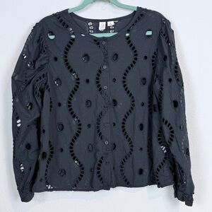 Joie Black Eyelet Long Sleeve Blouse L